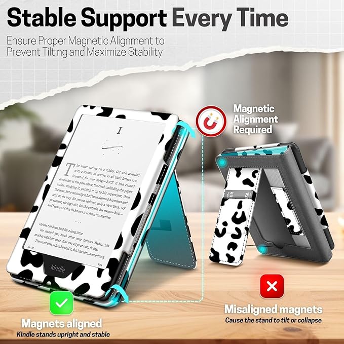 TNP Stand Case for Kindle Paperwhite 12th Generation 2024 / Kindle Colorsoft Signature Edition with Hand Strap & Card Slot - 7" PU Leather Protective Folio Cover with Auto Wake/Sleep, Cow Print
