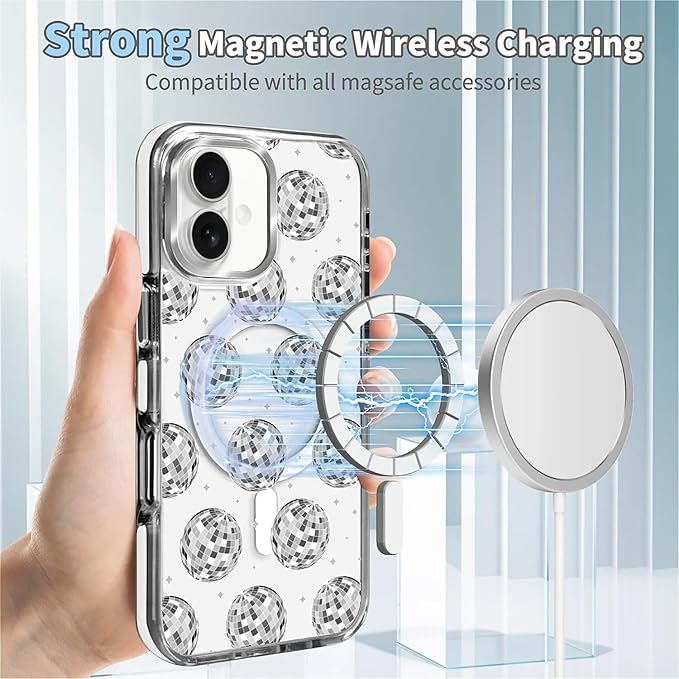 Case for iPhone 16 Plus,[Compatible with MagSafe],Disco Ball Grayish White Phone Case Design，for Women Girls Magnetic Clear Cover - Slim, Sleek, & Shockproof Protection