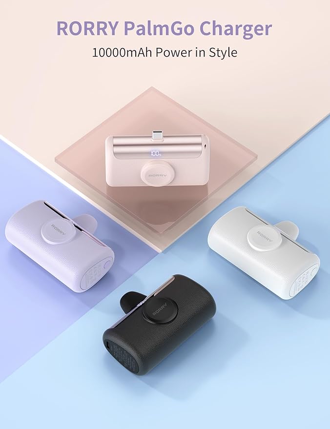 RORRY PalmGo Portable Charger, 10000mAh PD 22.5W Fast Charging Mini Power Bank with Built-in USB C Connector, 3-in-1 Battery Pack for iPhone 17/16/15 Pro/Max, Apple Watch Ultra/11/10/SE, iPad, Purple