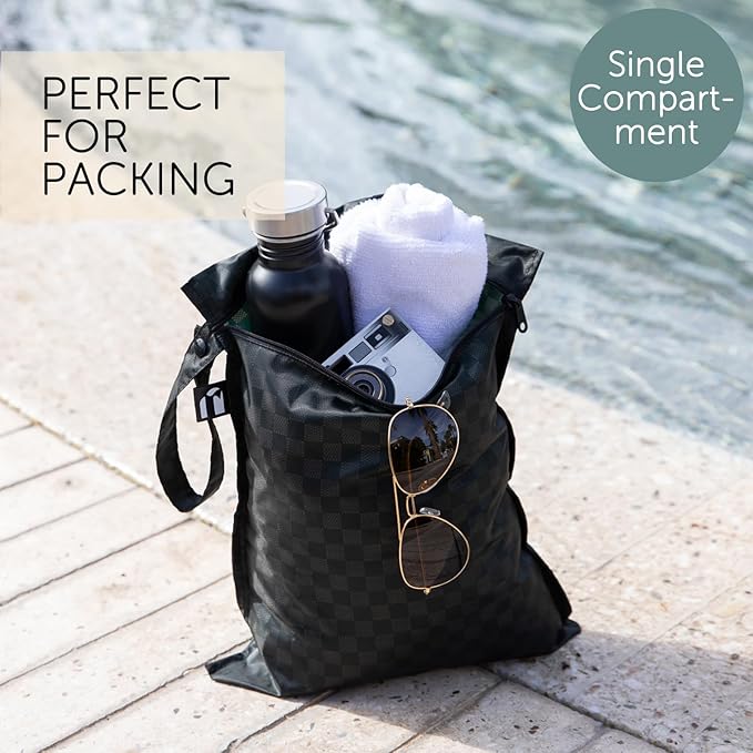 Bumkins Roamio Waterproof Wet Bag for Baby, Travel, Swim Suit, Cloth Diapers, Pump Parts, Pool, Beach, Gym Clothes, Toiletry, Hook to Stroller, Daycare, Zipper Reusable Wetdry Pouch, Black Check