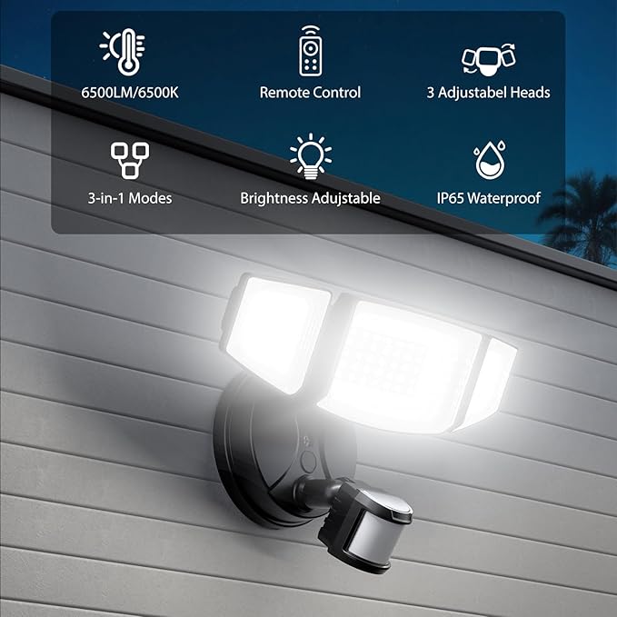 iMaihom 65W 6500LM LED Security Lights Motion Sensor Light Outdoor, 6500K Daylight, IP65 Waterproof, Dusk to Dawn, Hardwired 3-Head Motion Detected Flood Light for Garage, Yard, Porch (Black, 2 Pack)