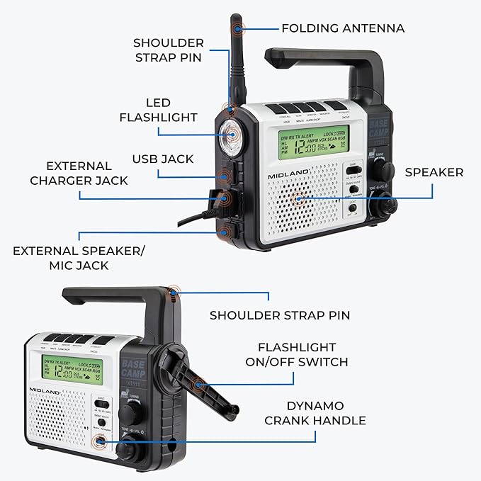 Midland® - XT511 - Emergency Radio - 22 Channel Two-Way Base Camp Radio with 5 Power Options, 121 Privacy Codes, 3-LED Flashlight & NOAA Weather Scan + Alert - Gray/Black