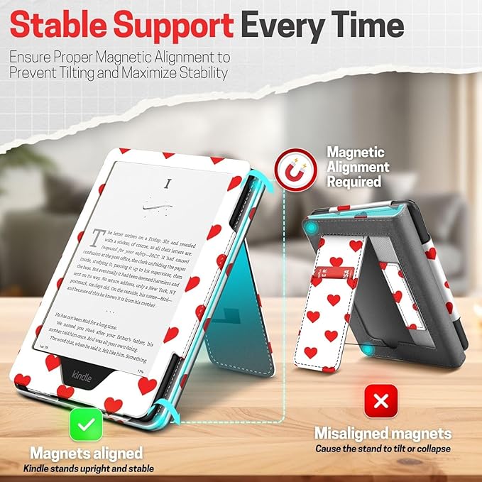 TNP Stand Case for Kindle Paperwhite 12th Generation 2024 / Kindle Colorsoft Signature Edition with Hand Strap & Card Slot - 7" PU Leather Protective Folio Cover with Auto Wake/Sleep, Red Love Heart