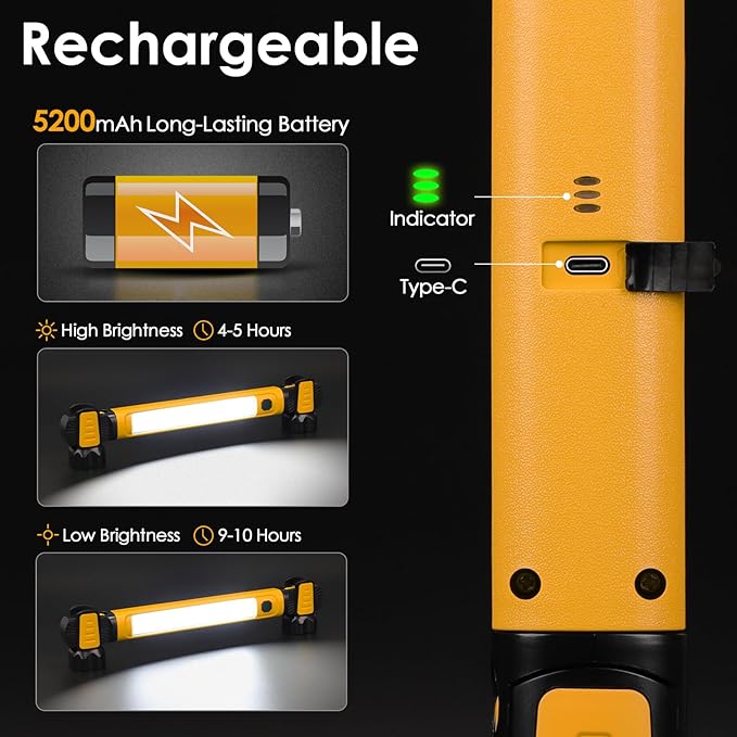 Work Light, 2500LM Bright LED Work Lights, 5200mAh Rechargeable Magnetic Underhood Work Light Bar with Hooks, Cordless Portable Work Lights for Mechanics for Car Repairing/Garage/Workshop/Emergency