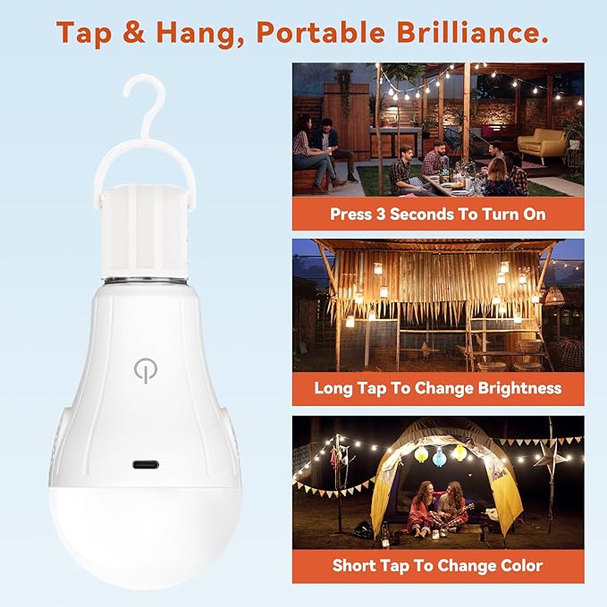 Neporal MagicGlow Rechargeable Light Bulbs with Remote, 3 Colors Shift + Dimmable Battery Powered Light Bulbs, USB Rechargeable, A19 Emergency LED Bulbs, 15W (2, Rgb-3000-4000-6000k)