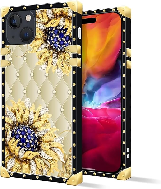 Compatible with iPhone 15 Case, Sunflower Diamonds Leather Luxury Golden Decoration for Girl Women Soft TPU Shockproof Protective Hard PC Back for iPhone 15