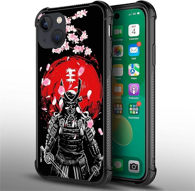 for iPhone 14 Plus Case, Sakura Japanese Samurai Pattern Graphic Design Girl Boy Soft Silicone Hard Acrylic Shock Protection for iPhone 14 Plus