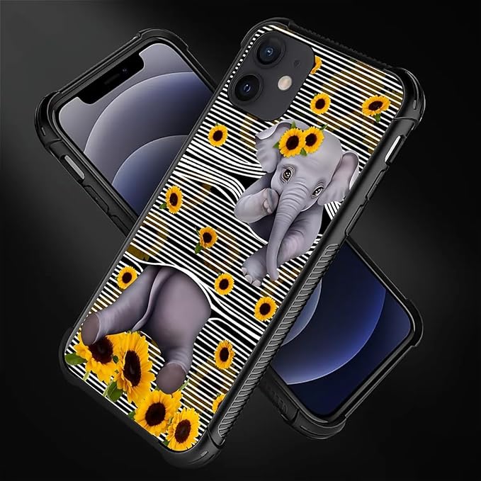 for iPhone 11 Case, Cute Little Elephant Sunflower White Line Art Pattern Graphic Design Girl Boy Soft Silicone Hard Acrylic Shock Protection for iPhone 11