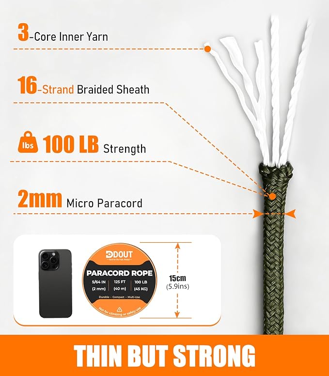 DDOUT 2mm Paracord 100lb, Thin Micro Paracord Rope, Green 125FT Nylon Cord for Crafting, DIY Projects, Fishing, Camping & Outdoor