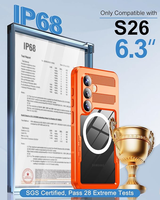 for Samsung Galaxy S26 Waterproof Case, [Fit for Magsafe] [IP68 Water Proof] [Built-in Screen Protector], Magnetic Heavy Duty Military Grade Rugged Phone Case for S 26 6.3", Orange