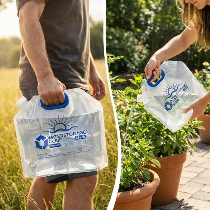 WaterStorageCube Premium Collapsible Water Container Bag, BPA Free Food Grade Clear Plastic Storage Jug for Camping Hiking Backpack Emergency, No-Leak Freezable Foldable Water Bottle 1.3/2.6 Gallon