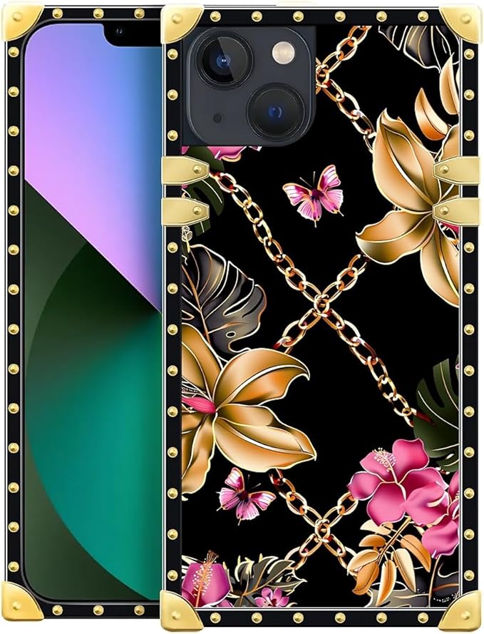 Compatible with iPhone 13 Case, Pink Golden Chain Tropical Flower Luxury Golden Decoration for Girl Women Soft TPU Shockproof Protective Hard PC Back for iPhone 13