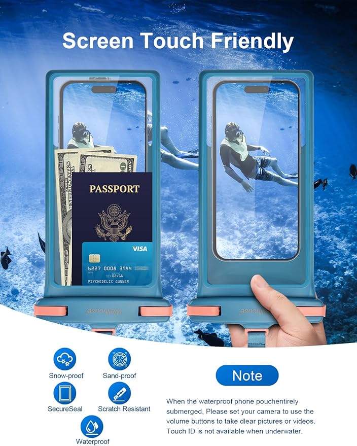 wellhouse Waterproof Phone Pouch, Waterproof Phone Case for iPhone 17 16 15 14 13 Pro Max XS Samsung, IPX8 3D Cellphone Dry Bag Beach Essentials (1 Pack - Blue8.0, 8 inch)