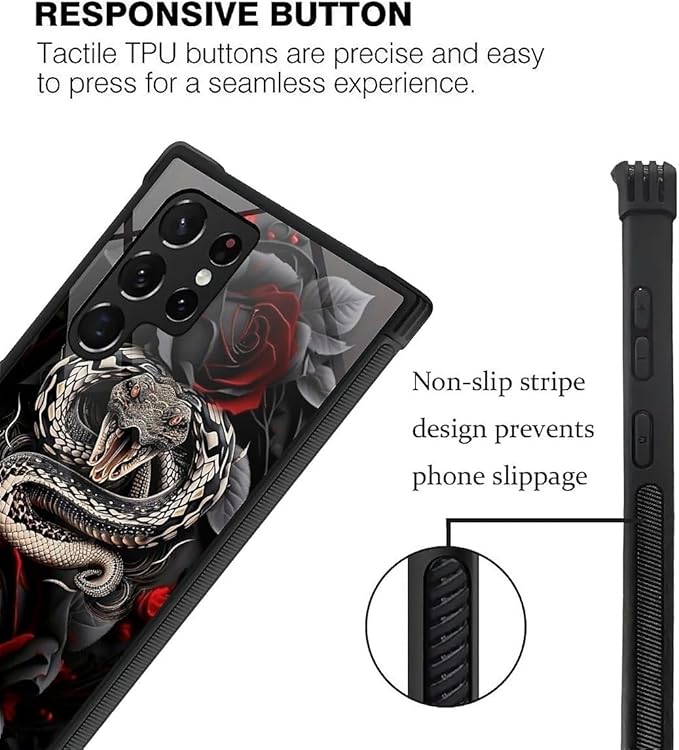 for Samsung Galaxy S22 Ultra Case, Entwined Rose Snake Pattern Graphic Design Girl Boy Soft Silicone Hard Acrylic Shock Protection for Samsung Galaxy S22 Ultra