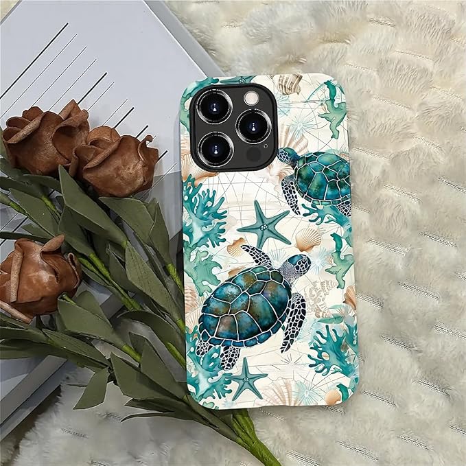 for iPhone 12/12 Pro Case,HH2 Ocean Sea Turtle Nautical Map Hybrid 2 Layer Hard Shell Silicone Protective Pattern Design Case