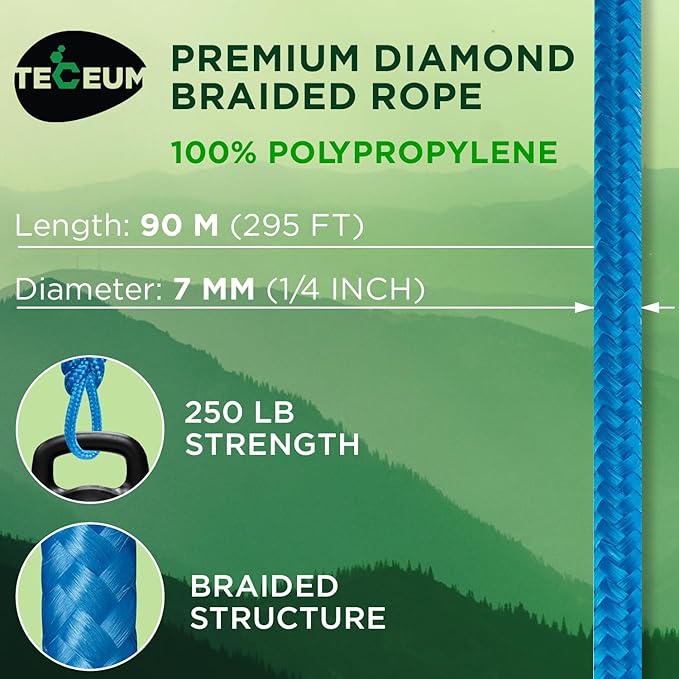 TECEUM Rope – 150 Feet x 1/4 Inch (7mm) – Sky Blue – Strong All-Purpose Utility Rope – Camping, Crafting, Flag Pole, Indoor & Outdoor – Polypropylene Nylon Poly Lightweight Diamond Braided Cord