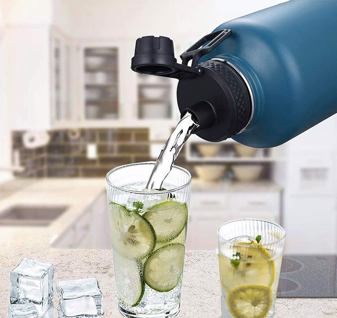 SENDESTAR 64 oz Water Bottle Double Wall Vacuum Insulated Leak Proof Stainless Steel Beer Growler +2 Lids—Wide Mouth with Flat Cap & Spout Lid Includes Water Bottle Pouch (Cobalt)
