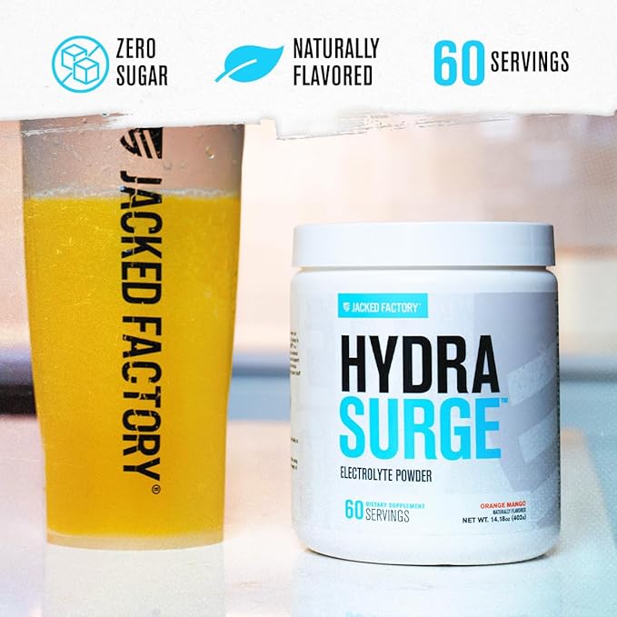 Jacked Factory HYDRASURGE Electrolyte Powder - Hydration Supplement with Key Minerals, Himalayan Sea Salt, Coconut Water - Keto Friendly, Sugar Free, Naturally Sweetened - 60 Servings, Orange Mango