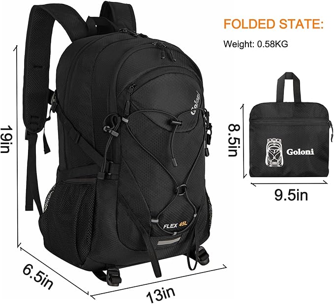 Goloni 45L Hiking Backpack Lightweight Foldable, Waterproof Camping Backpack with Rain Cover & Hiking Pole Mat Carrying System, Ergonomic Water Resistant Daypack for Trekking Travel Men Women,Black