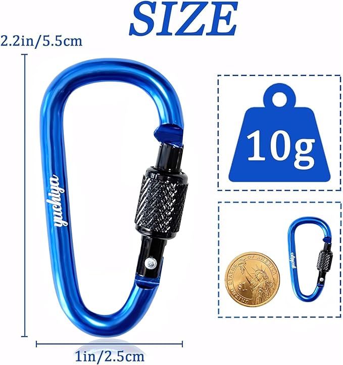 YUCHIYA 8 Pack D-Shape Carabiner Clasp with Screw Gate, 2.2 Inch Mini Keychain Clip Key Chain Buckle, Aluminum Alloy Keyrings Hook for Outdoor Hiking not for Climbing