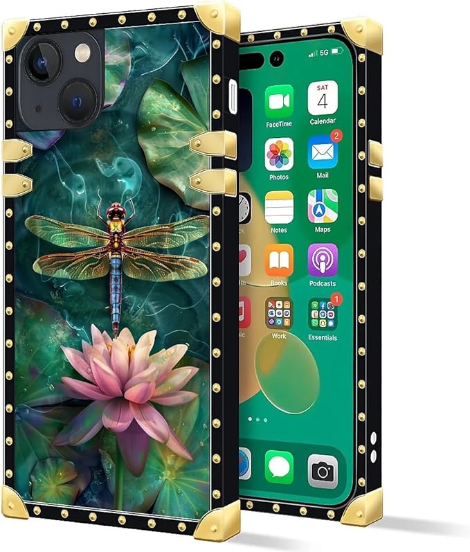 Compatible with iPhone 14 Case, Colourful Dragonfly Pink Lily Pads Luxury Golden Decoration for Girl Women Soft TPU Shockproof Protective Hard PC Back for iPhone 14