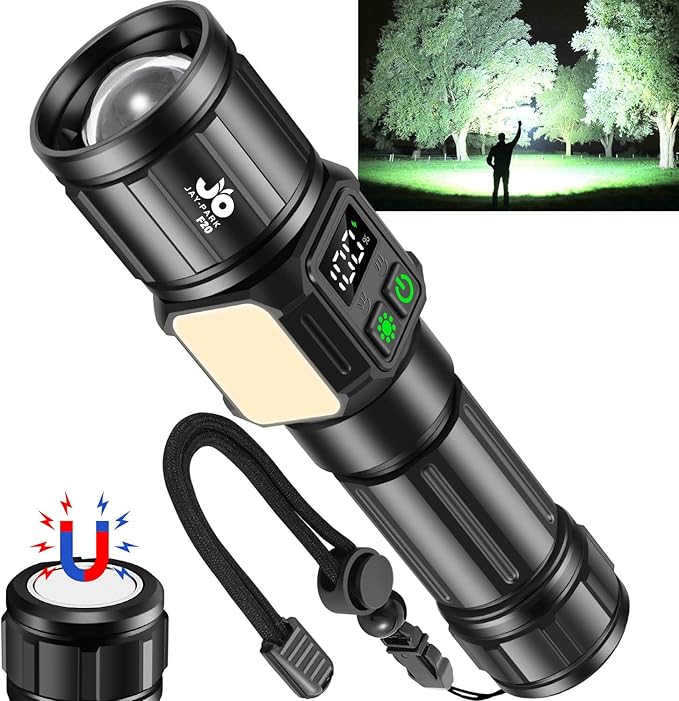 JAY-PARK Flashlights High Lumens, Rechargeable Flashlight 100000 Lumens with Magnetic, Bright Flash Light 9 Modes with 5000 mAh Battery, Tactical Flashlight for Camping, Hiking, Dog Walking