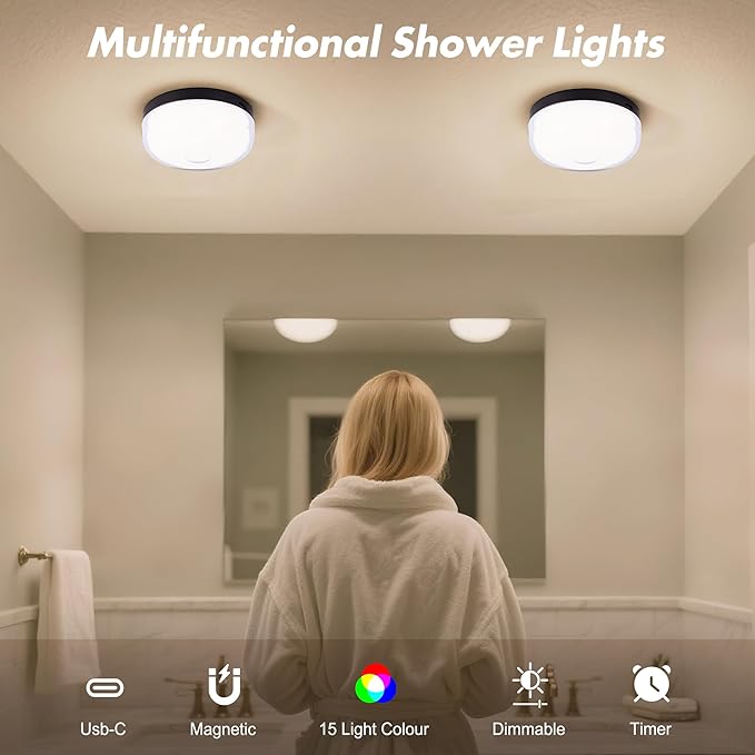 4-Pack Rechargeable Shower Lights for Inside Shower, 15 RGBW Color Changeable Waterproof Lights for Shower with Remote(Dimmable＆Timer), Wireless LED Mood Lighting for Bathroom, Closet, Bedroom, Party