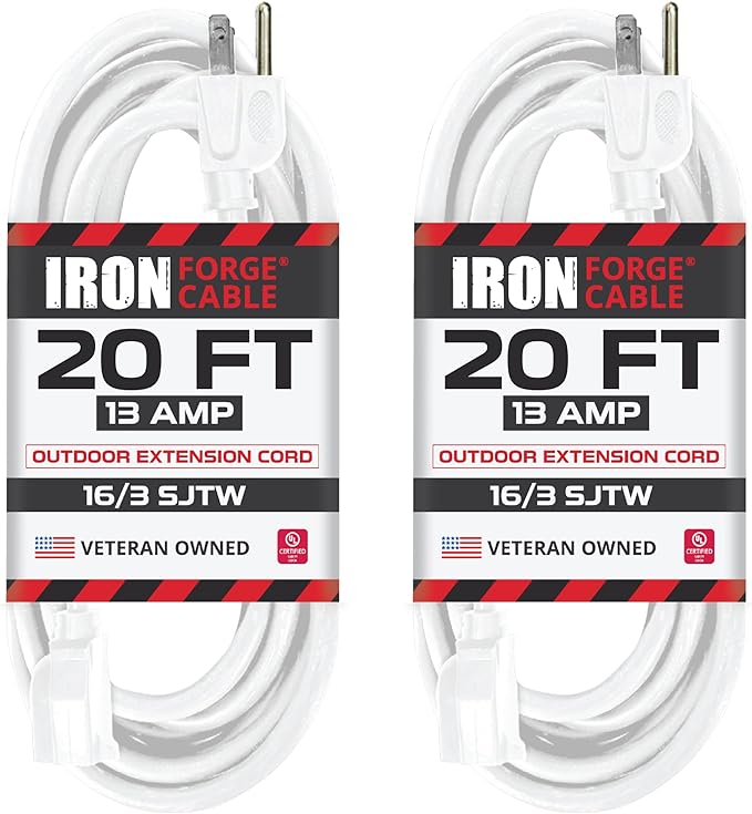 Iron Forge Cable 2 Pack Weatherproof 20 Ft Outdoor Extension Cord - 16/3 SJTW Heavy Duty White Extension Cord 3 Prong - 13 Amp Exterior Power Cable