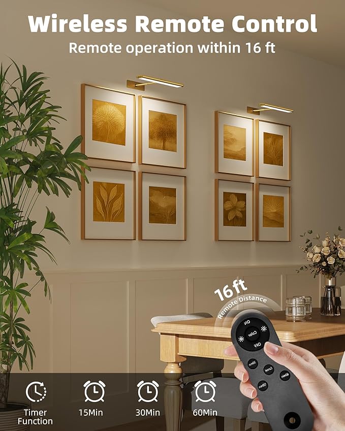 EZVALO Picture Light for Wall, 4800mAh Rechargeable Wireless Remote, 16in Dimmable Magnetic LED Art Display Light with 3 Color Temperatures, for Gallery, Living Room, Bedroom, Hallway (Gold)