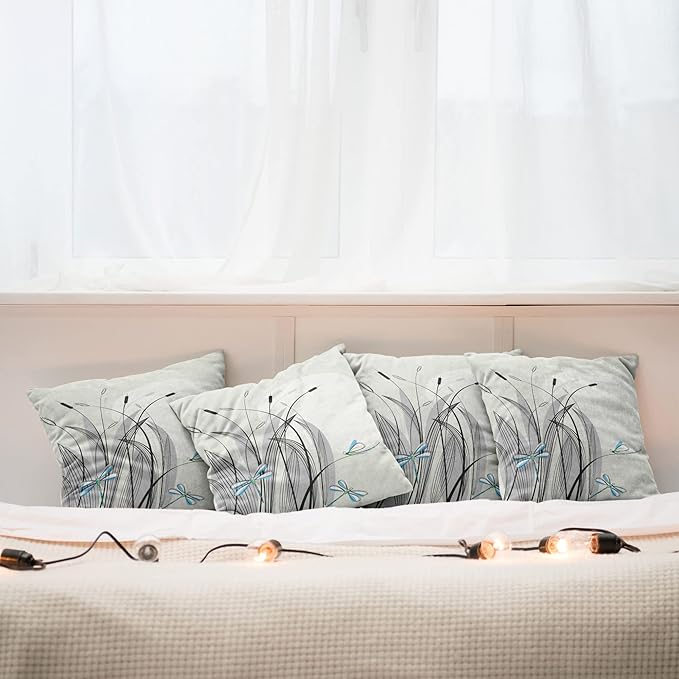 Ambesonne Dragonfly Decorative Throw Pillow Case Pack of 4, Dragonflies on Flowers and Branches Flourishing Nature Spring Time Predator, Cushion Cover for Couch Living Room Car, 20", Beige Charcoal