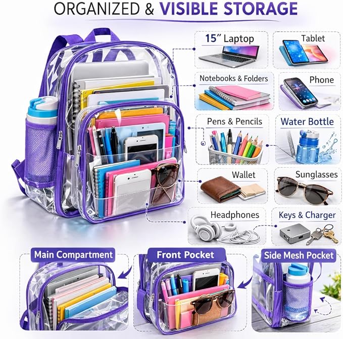 K-Cliffs Large Transparent Backpack Clear Heavy Duty School Bag Durable Student Bookbag See Through Vinyl Daypack Workbag
