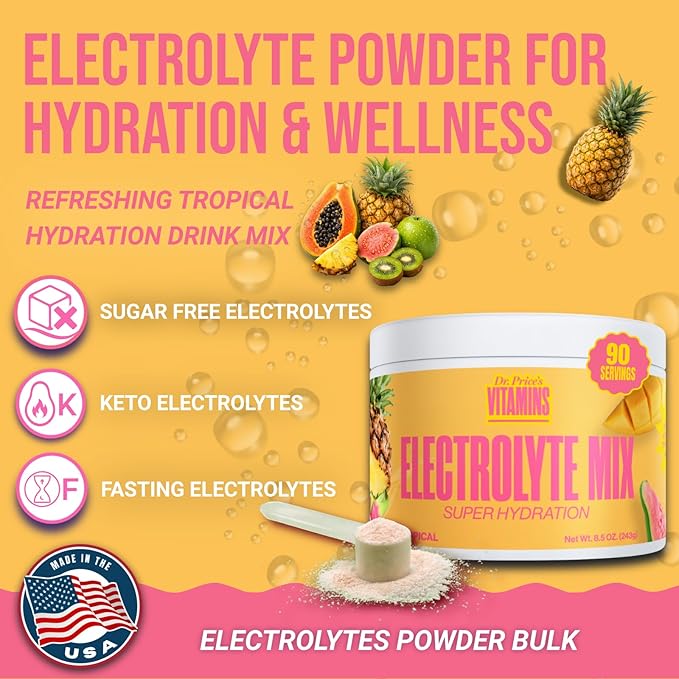 Dr. Price’s Electrolytes Powder Bulk – Tropical, 90 Servings | Sugar Free Hydration Drink Mix with 72+ Trace Minerals, Manganese | Keto Electrolytes | Vegan, Doctor-Formulated, Made in USA
