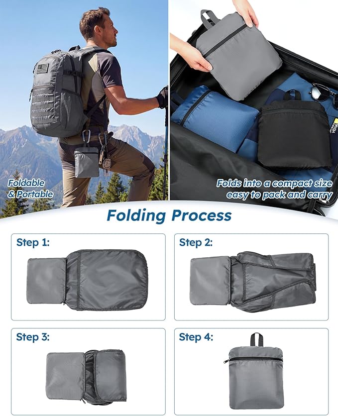 Small 20L Foldable Hiking Daypack for Men Women – Ultra Lightweight Tactical Packable Backpack for Travel, Camping Outdoor, Grey