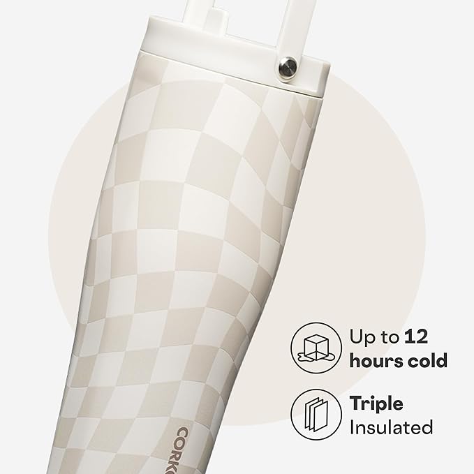 Corkcicle Go Cup XL - Leak-Proof Travel Tumbler - Triple Insulated Stainless Steel Water Bottle - Easy-Carry Handle - Summer Drinkware Gift - Keeps Drinks Ice Cold - 30 oz - Wavy Checkerboard