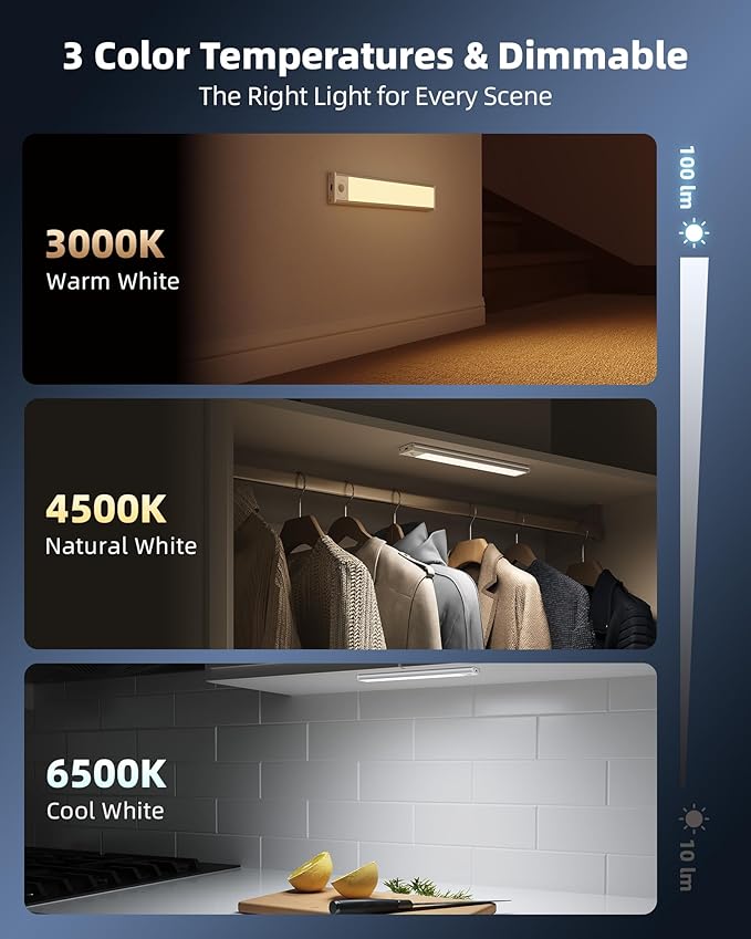 10inch Under Cabinet Lighting, 6-Pack Rechargeable Motion Sensor Light Indoor, Magnetic Closet Lights, Dimmable & 3 Color Temps, Wireless Under Counter Lights for Kitchen, Stairs