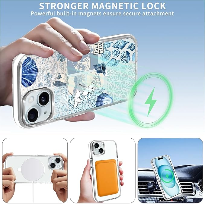 Case for iPhone 13/14,[Compatible with MagSafe],Sea Life Ocean Waves Seashell Collage Phone Case Design，for Women Girls Magnetic Clear Cover - Slim, Sleek, & Shockproof Protection