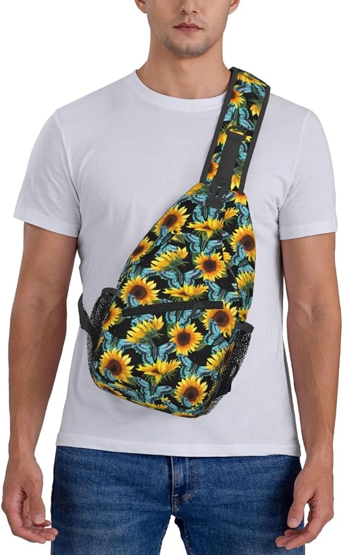 Sunflower And Blue Butterfly Sling Bag For Women Men Fashion Print Backpack Crossbody Shoulder Bag Sling Backpack Chest Bag Travel Hiking Casual Sport Daypack