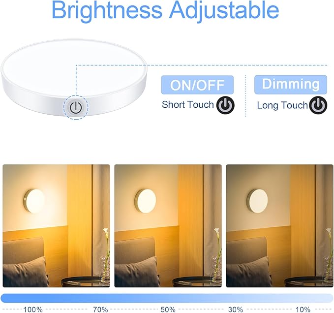 Ferswe Dimmable Touch Lights, 3000K Rechargeable Tap Light with 1000mAh Large Battery, Stick on Lights for Closet, Cabinet, Shelf, Wall and Desk(2 Pack)
