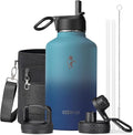 Coolflask Half Gallon Water Bottle Insulated with Straw & 3 Lids, 64 oz Water Jug Large Metal Stainless Steel Wide Mouth for Sports, Gym or Office, Non-BPA Keep Cold 48H Hot 24H, Indigo Blue