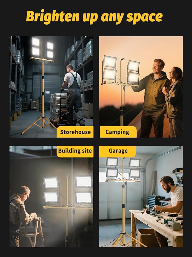32000 Lumen LED Work Light with Stand & Remote, 4-Head 280W Portable Tripod Light with 16.5FT Cord, 3000K–6000K Adjustable, Waterproof Light for Indoor & Outdoor Job Site Workshop Construction
