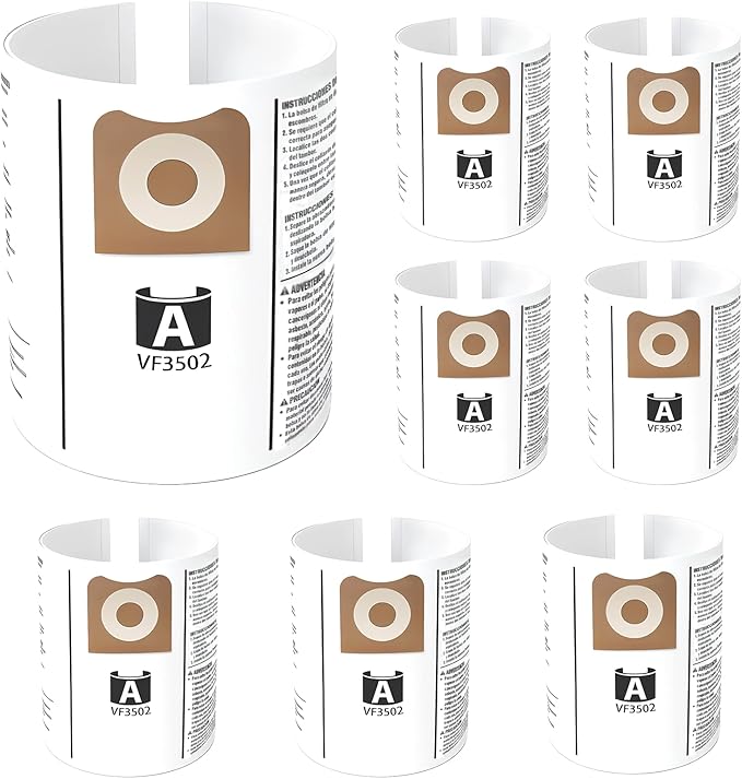 8 Pack VF3502 Vacuum Bags Fit For Rigid 12 to 16 Gallon Wet Dry Vacuum WD1950 WD1956 WD1850 WD1851 RV2400HF WD1450 WD1680 WD1270, High Efficiency Replacement Filter Bags, Part# 23743