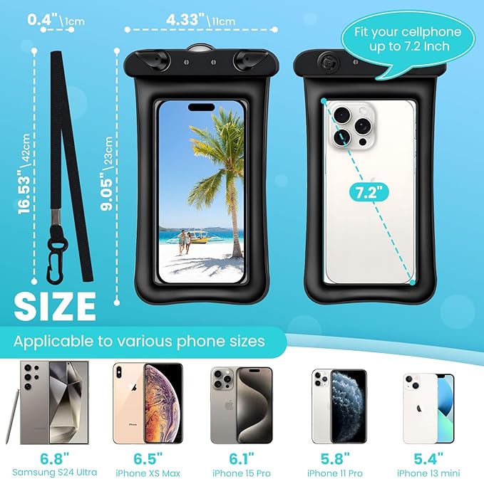 2 Pack Waterproof Floating Phone Pouch IPX8 Floatable Waterproof Phone Case with Lanyard Strap Universal Dry Bags Underwater Case Wallet for iPhone 15,14,13,12Pro Max Samsung,Up to 7.2" for Swimming