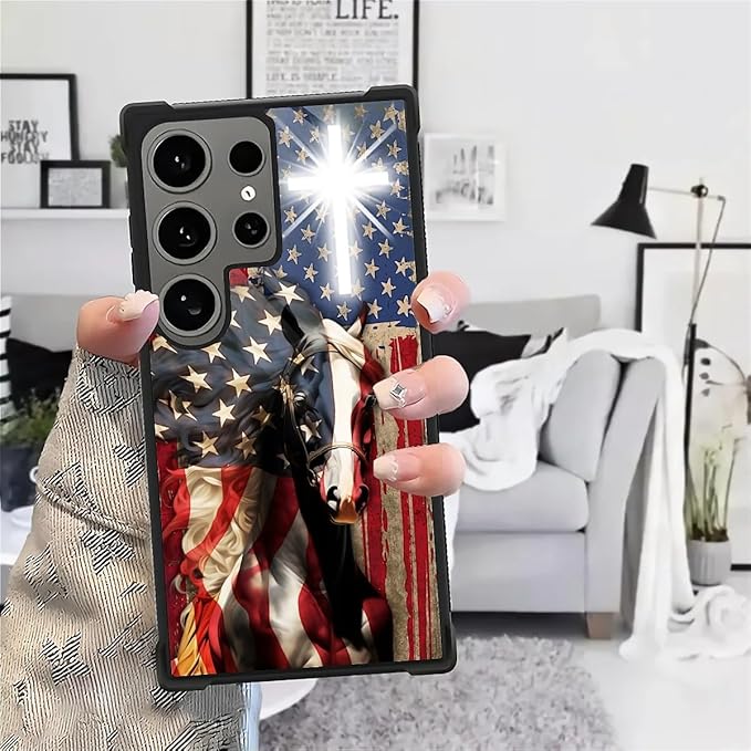 for Samsung Galaxy S24 Ultra Case, Red American Flag Horse Cross Pattern Graphic Design Girl Boy Soft Silicone Hard Acrylic Shock Protection for Samsung Galaxy S24 Ultra