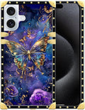 Compatible with iPhone 16 Plus Case, Glistening Golden Butterfly Vibrant Purple Blue Luxury Golden Decoration for Girl Women Soft TPU Shockproof Protective Hard PC Back