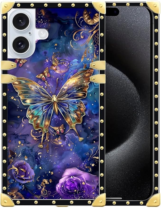 Compatible with iPhone 16 Plus Case, Glistening Golden Butterfly Vibrant Purple Blue Luxury Golden Decoration for Girl Women Soft TPU Shockproof Protective Hard PC Back