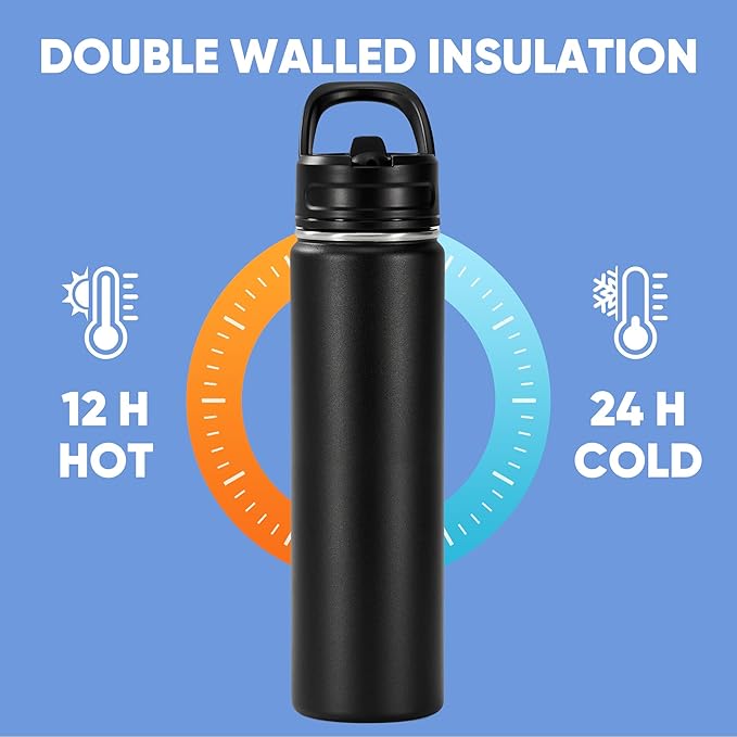 Fijinhom 24oz Insulated Stainless Steel Water Bottle with Straws, Double Wall Vacuum Insulated Bottles, Metal Thermo for Travel, Sports, Leak-Proof, BPA Free, Women & Men, Black
