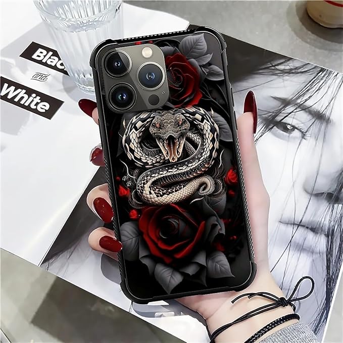 for iPhone 12 Pro Max Case, Entwined Rose Snake Pattern Graphic Design Girl Boy Soft Silicone Hard Acrylic Shock Protection for iPhone 12 Pro Max