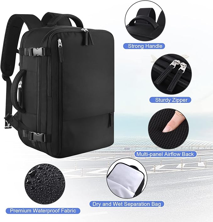Sinaliy Large Travel Backpack for Women Men, Expandable 40L Carry On Backpack, 17 Inch Laptop Backpack College Bookbag, Waterproof Travel bag as Person Item Flight Approved