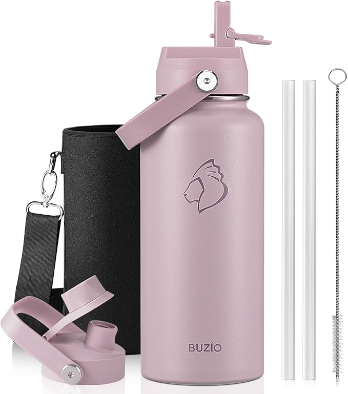 BUZIO 32 oz Water Bottle Insulated, Leakproof Stainless Steel Flask (Cold for 48 Hrs), Wide Mouth BPA-Free Metal Thermo Hydro Canteen with 2 Lids, Purple