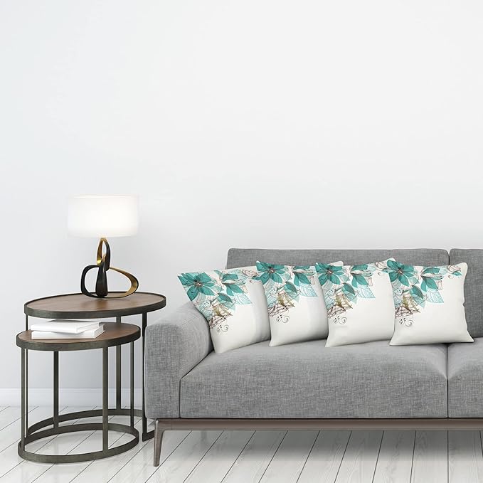 Ambesonne Turquoise Throw Pillow Cushion Case Pack of 4, Flowers Buds Leaf at The top Left Corner Season Celebrating Theme, Modern Accent Double-Sided Digital Printing, 20", Teal Brown